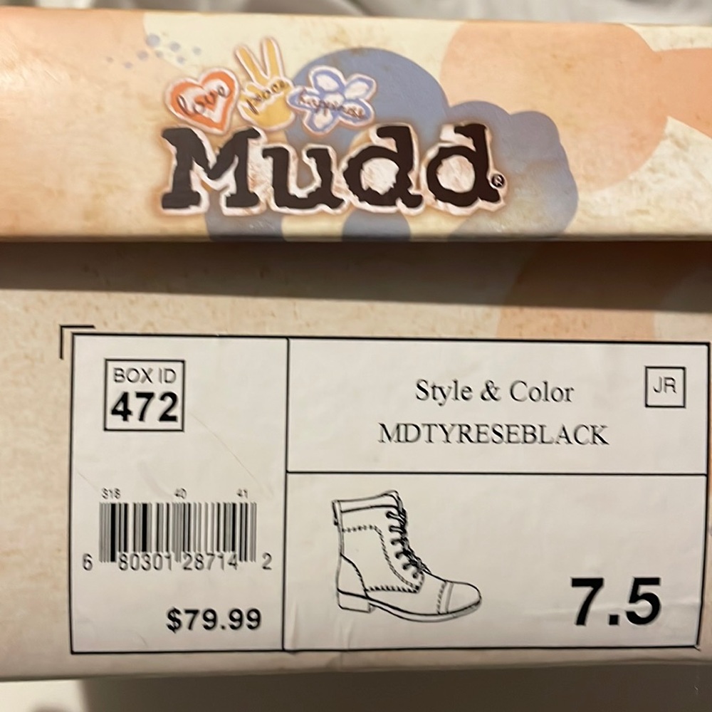 Mudd, size 7.5, black combat boots with a woven top